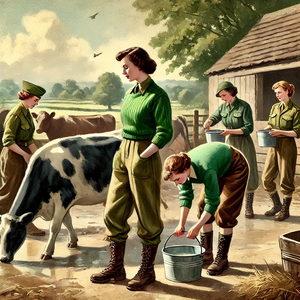 What was the Women’s Land Army? Britain’s Unsung Wartime Heroes 4 The Ration Room 26 02 A vintage style illustration of Womens Land Army members tending to livestock on a farm in Britain during World War II They are feeding cows and wor