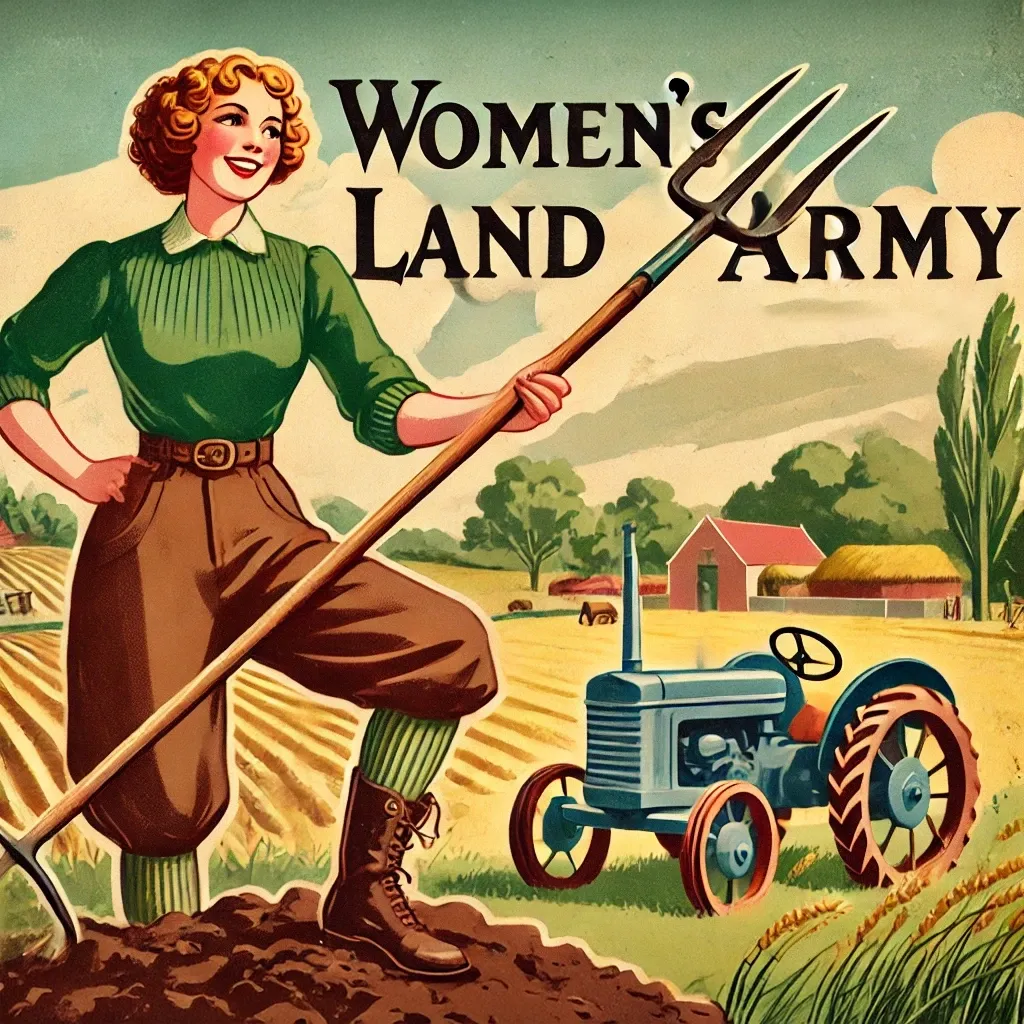 The Ration Room.01.51 A vintage style illustration of a Womens Land Army recruitment scene. Features a cheerful woman in a green jumper and brown breeches holding a pitch